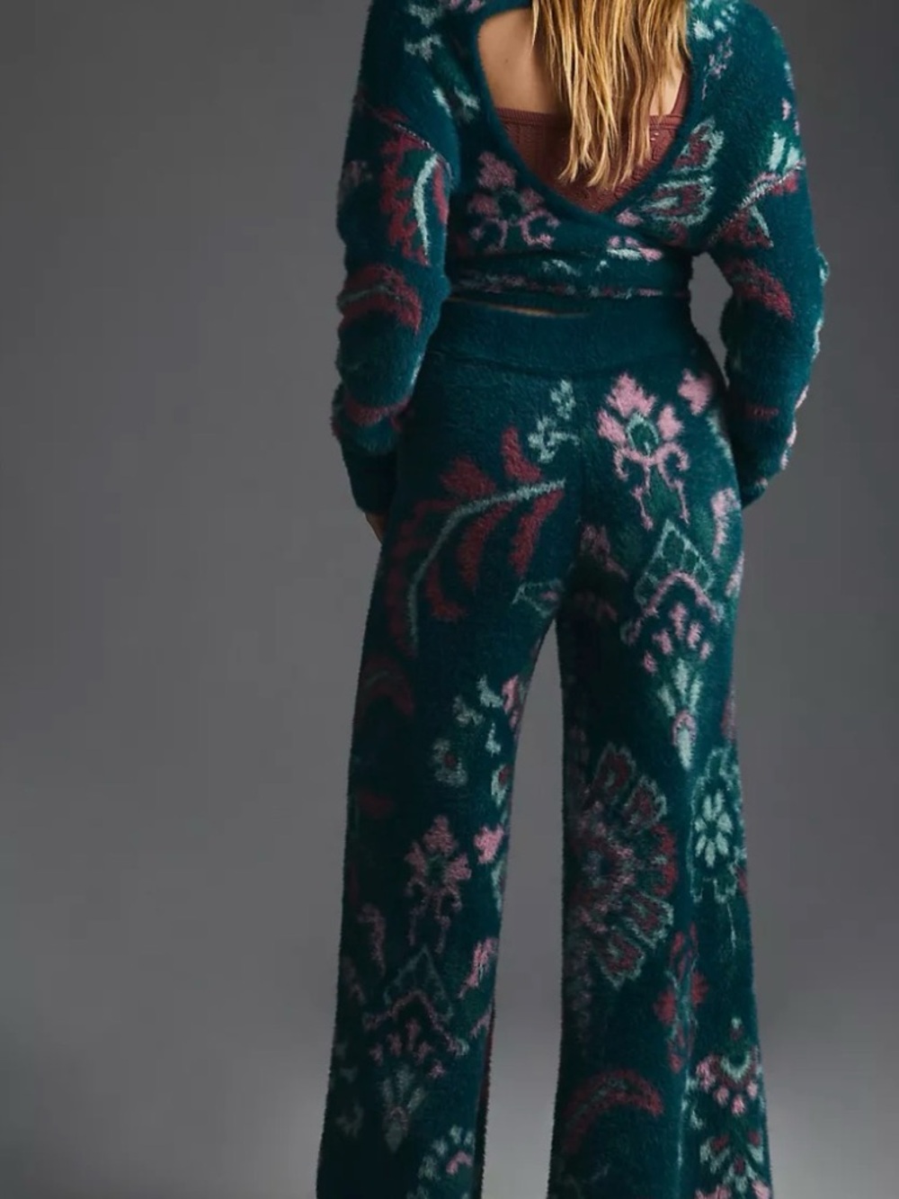Daily practice  anthropologie fuzzy wide leg  floral pants teal blue sz S M - Picture 3 of 8